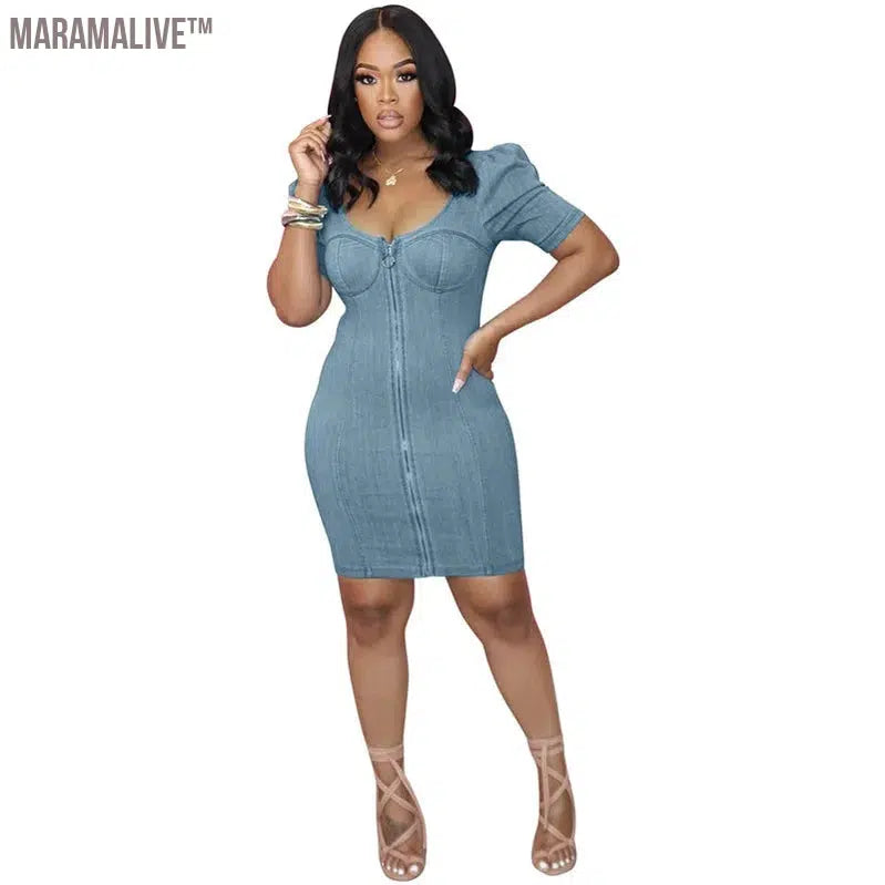 Denim Dress Women Zipper Up Bodycon Super Stretch Sexy V Neck Casual Streetwear Mini Dresses New Style