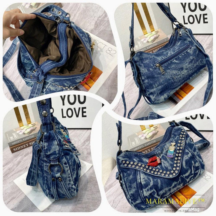 Denim Studded Tote Shoulder Crossbody Bag With Drill