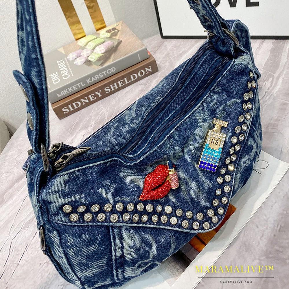 Denim Studded Tote Shoulder Crossbody Bag With Drill