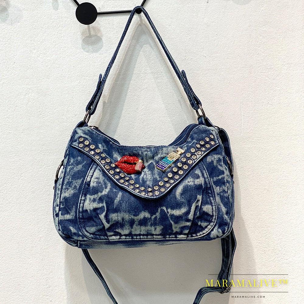 Denim Studded Tote Shoulder Crossbody Bag With Drill