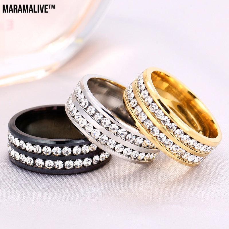 Diamond Double Row Titanium Steel Stainless Steel Ring