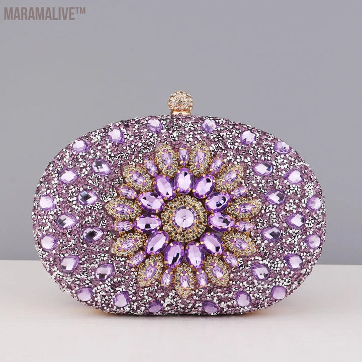 Diamonds Purple Color Women Evening Bags Flower Rhinestones Egg Design Fashion Female Clutch Handbags