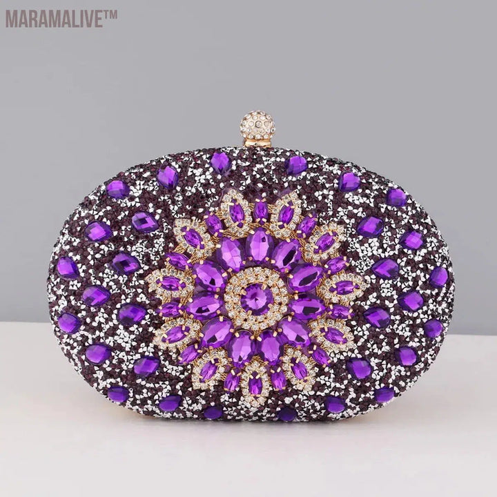 Diamonds Purple Color Women Evening Bags Flower Rhinestones Egg Design Fashion Female Clutch Handbags