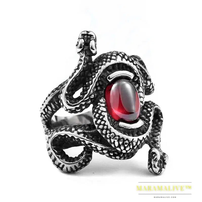 Double Snake Head Ring With Stones For Men Punk Hip Hop Retro Gothic Stainless Steel Adjustable Jewelry