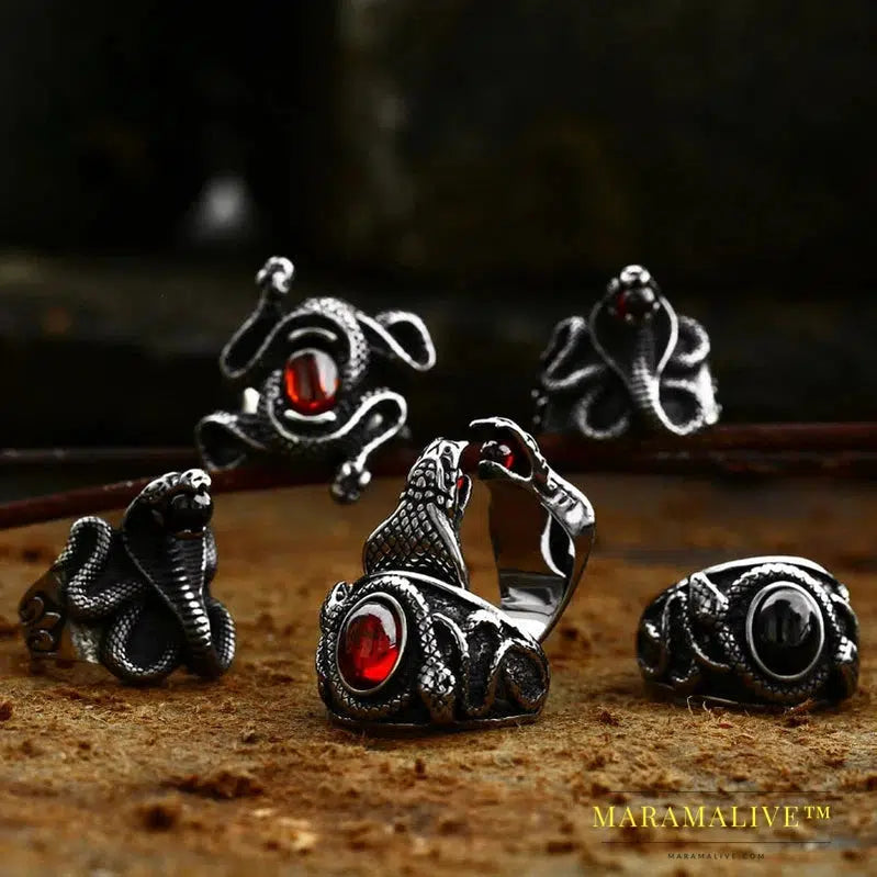 Double Snake Head Ring With Stones For Men Punk Hip Hop Retro Gothic Stainless Steel Adjustable Jewelry