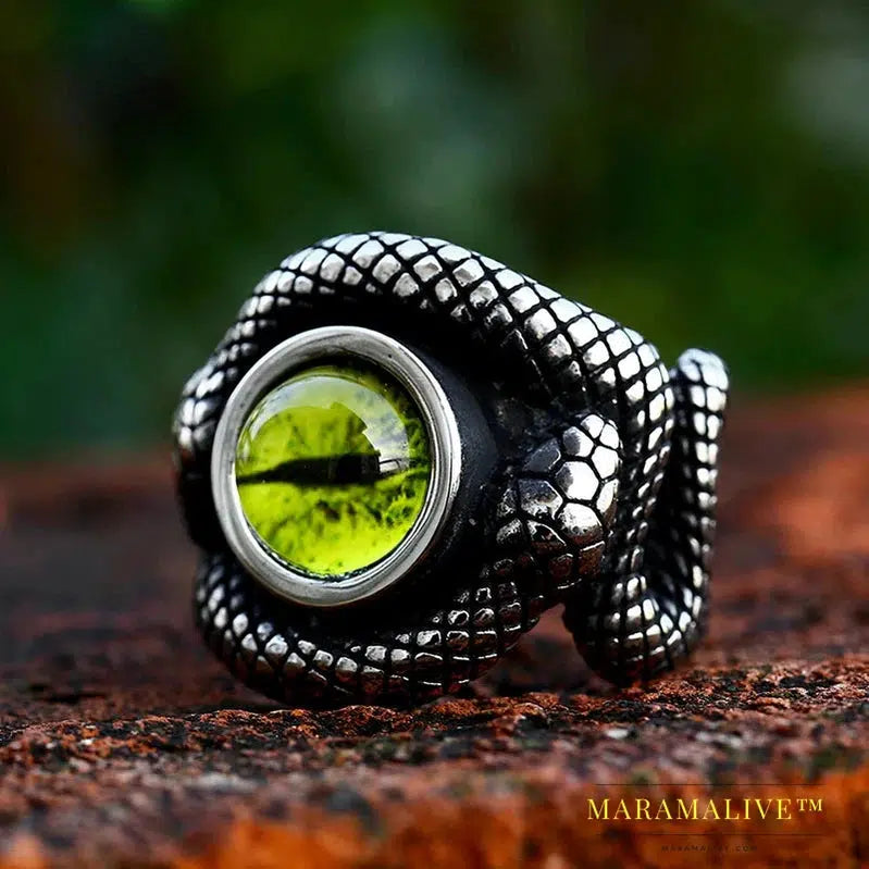 Double Snake King Entangled Animal Ring Green Stone Eye Men's Ring High Quality Jewelry