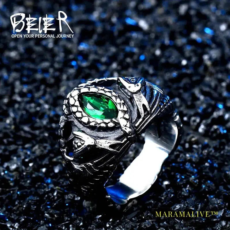 Double Snake King Entangled Animal Ring Green Stone Eye Men's Ring High Quality Jewelry