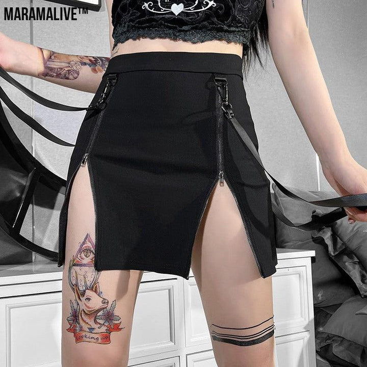 Double Zipper Bag Hip Gothic Design Women's Skinny Skirt