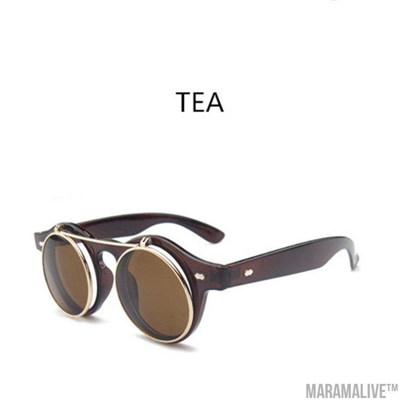 Double flip round retro steampunk sunglasses