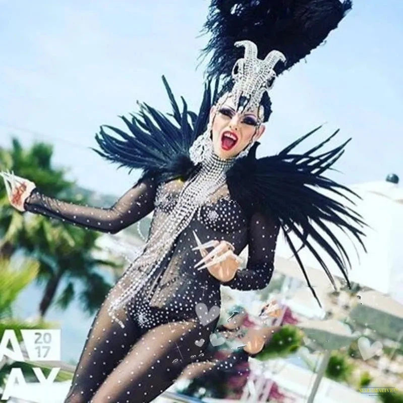 Dress black sexy diamond one-piece atmospheric feather shoulder black Mao Mao headdress dance team female song gogo