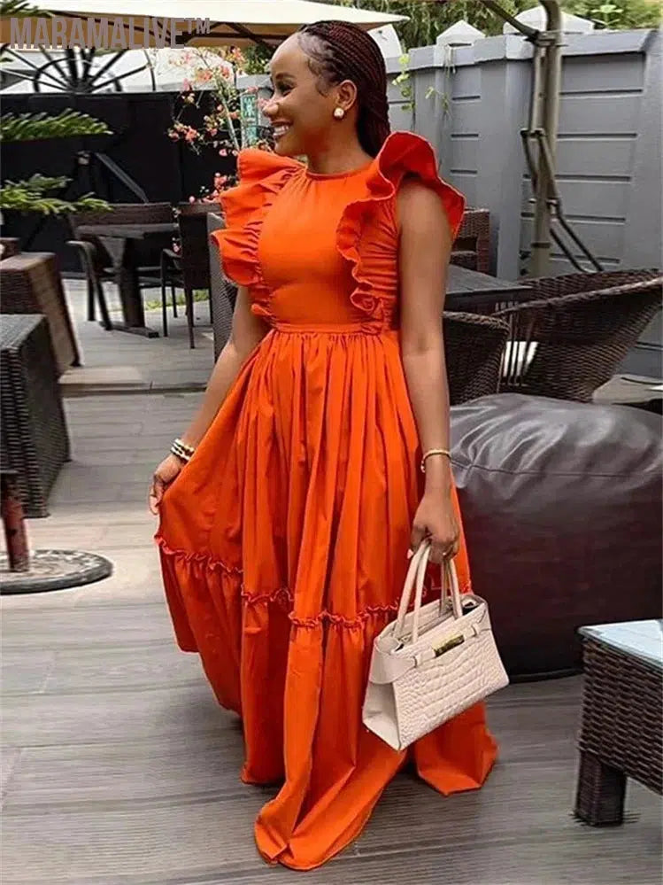 Dresses for Women Elegant Leaf Sleeve Solid Casual Party Long Swing Dress New Summer Clothes