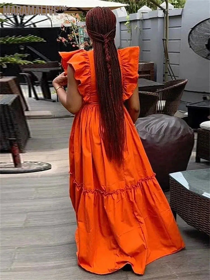 Dresses for Women Elegant Leaf Sleeve Solid Casual Party Long Swing Dress New Summer Clothes