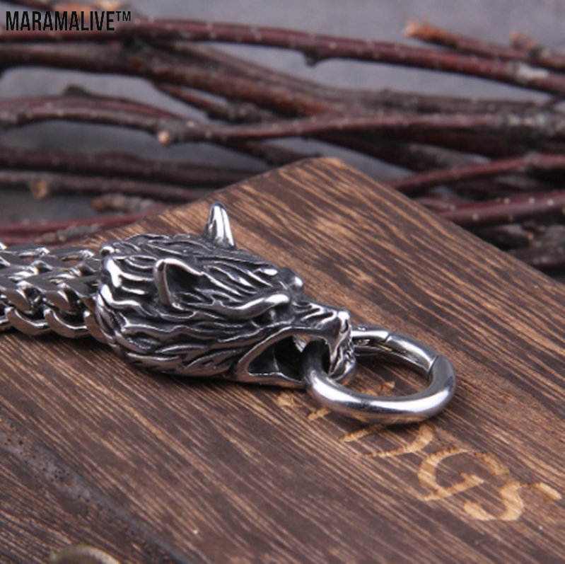 Dual Wolf Head Titanium Bracelet - Unique Viking Steel Chain