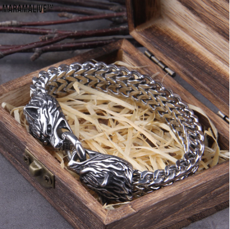 Dual Wolf Head Titanium Bracelet - Unique Viking Steel Chain