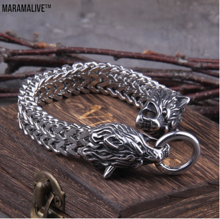 Dual Wolf Head Titanium Bracelet - Unique Viking Steel Chain