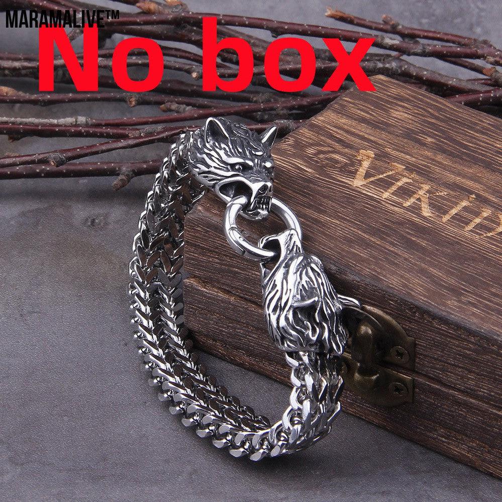 Dual Wolf Head Titanium Bracelet - Unique Viking Steel Chain