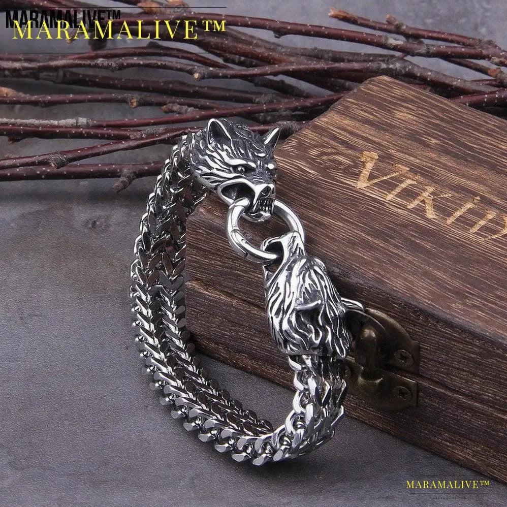 Dual Wolf Head Titanium Bracelet - Unique Viking Steel Chain