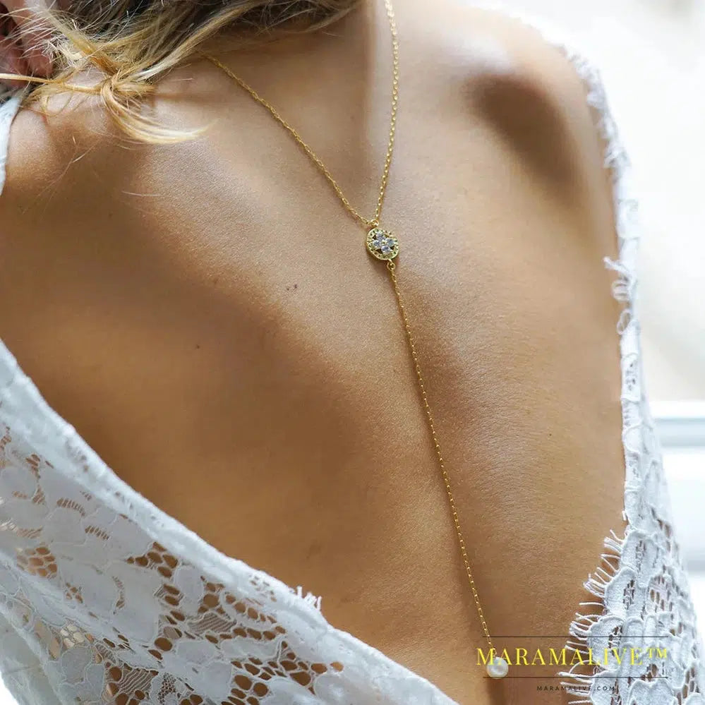 Elegant Back Necklace Pearl Backdrop Chain Dress Backless Jewelry Crystal Pendant Back Chain Top for Women Rhinestone Body Decor