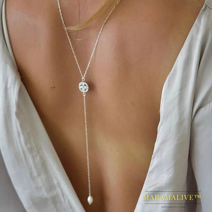 Elegant Back Necklace Pearl Backdrop Chain Dress Backless Jewelry Crystal Pendant Back Chain Top for Women Rhinestone Body Decor