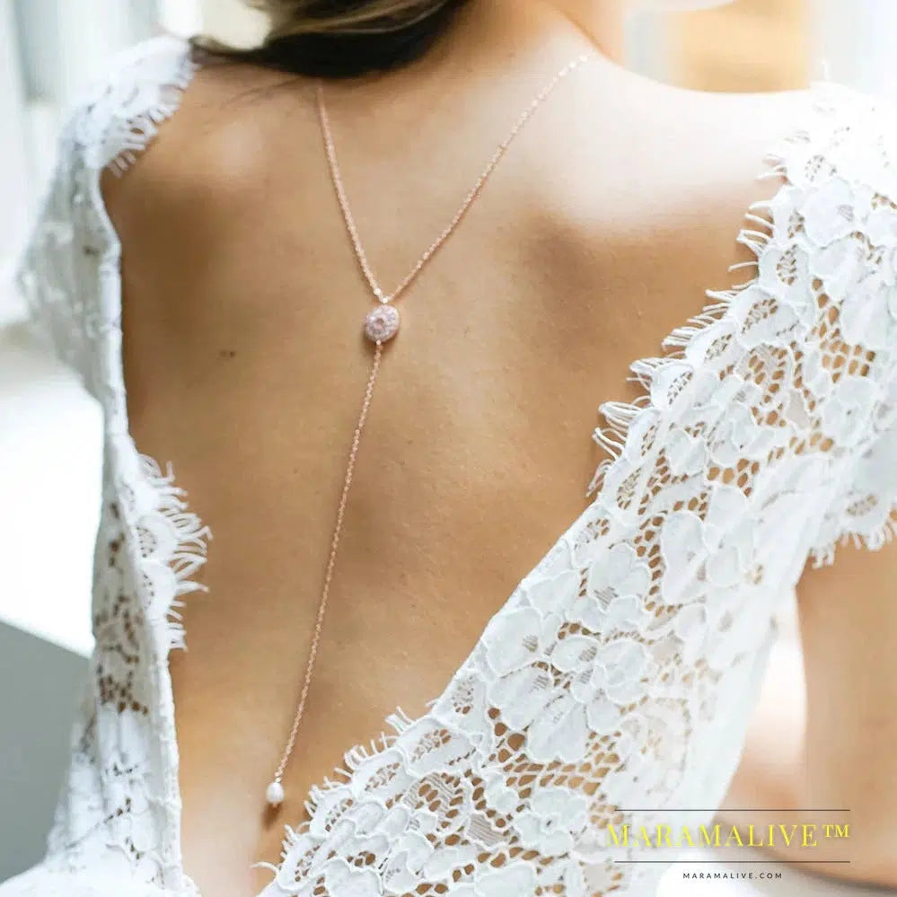 Elegant Back Necklace Pearl Backdrop Chain Dress Backless Jewelry Crystal Pendant Back Chain Top for Women Rhinestone Body Decor