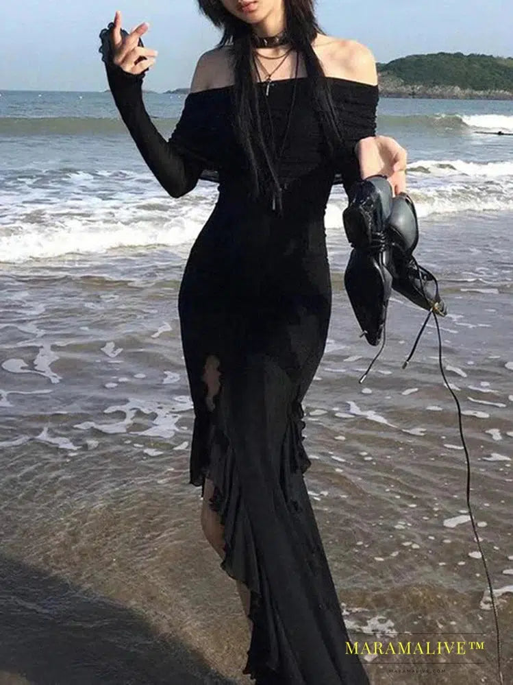 Elegant Fashion Dark Ruffles Split Long Dress Gothic Slash Neck Long Sleeve Maxi Dresses For Women 2023 Holiday Beach