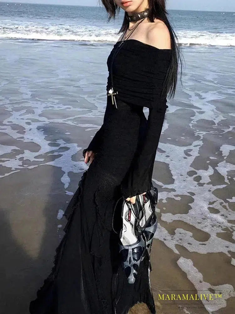 Elegant Fashion Dark Ruffles Split Long Dress Gothic Slash Neck Long Sleeve Maxi Dresses For Women 2023 Holiday Beach