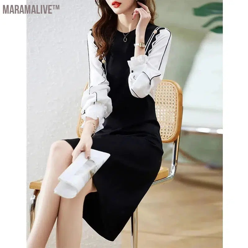 Elegant Fashion Fake Two Piece Button Dress Women Long Sleeve Patchwork Midi Dresses Ladies Slim Casual Vestido Robe