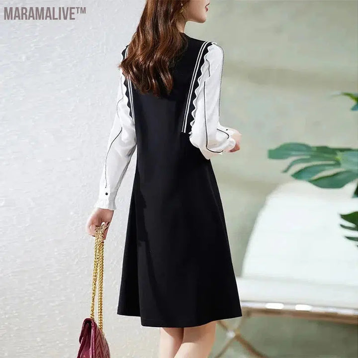 Elegant Fashion Fake Two Piece Button Dress Women Long Sleeve Patchwork Midi Dresses Ladies Slim Casual Vestido Robe