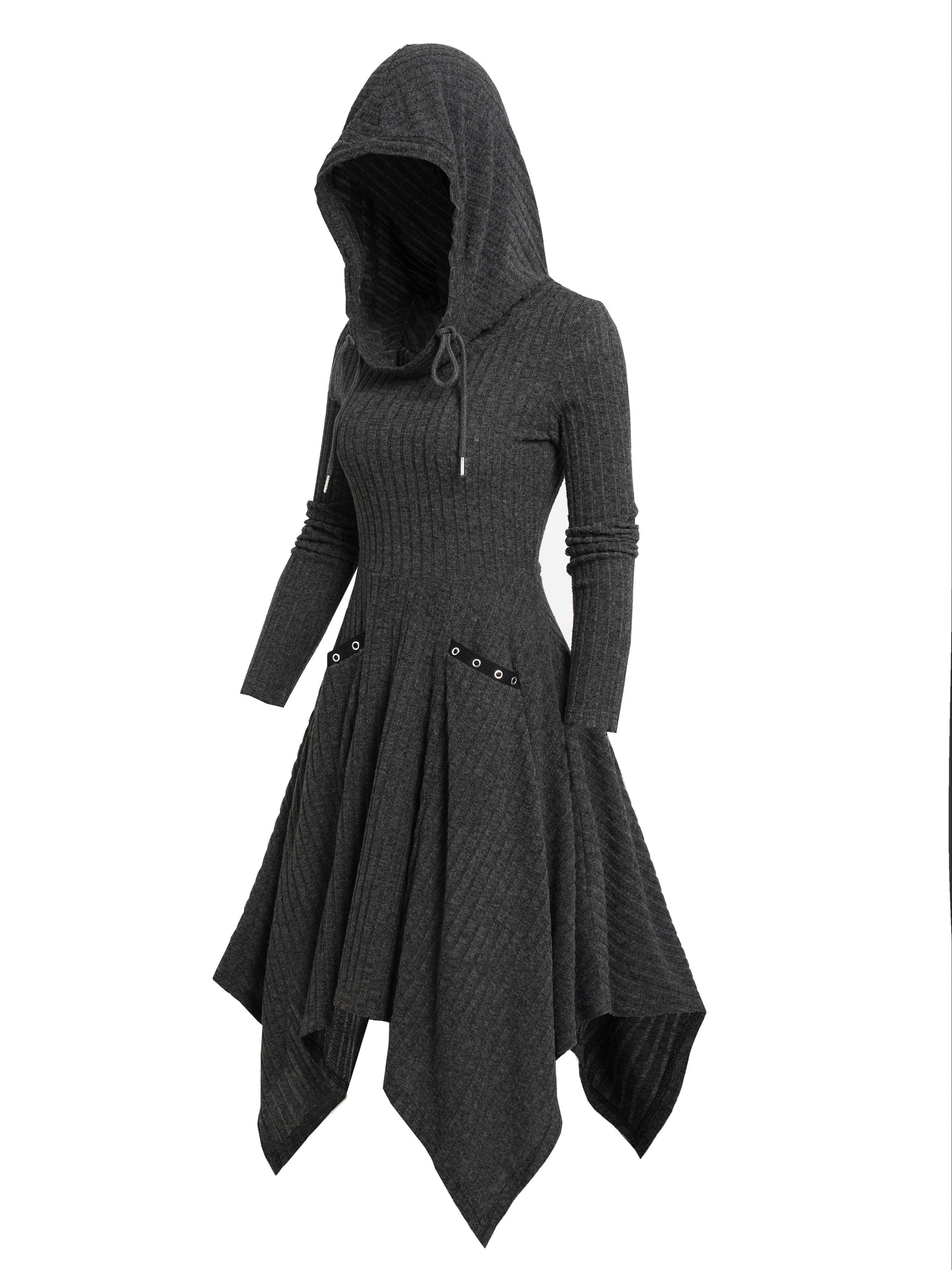 Elegant Hooded Long Sleeve Dress with Asymmetrical Hem, Solid Color, Knit Fabric, Belted Waist with Eyelet Detail, Front Pocket, Polyester and Spandex, Adult Casual Gothic Style for Fall/Winter