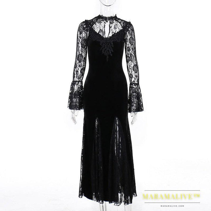 Elegant Sexy See-through Slim-fit Dark Lace Fishtail Long Sleeve Dress