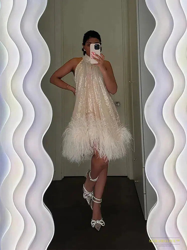 Elegant White Sequins Feather Hem Mini Dress Women Sexy Off Shoulder Loose Halter Dresses 2024 New Shiny Female Party Vestidos