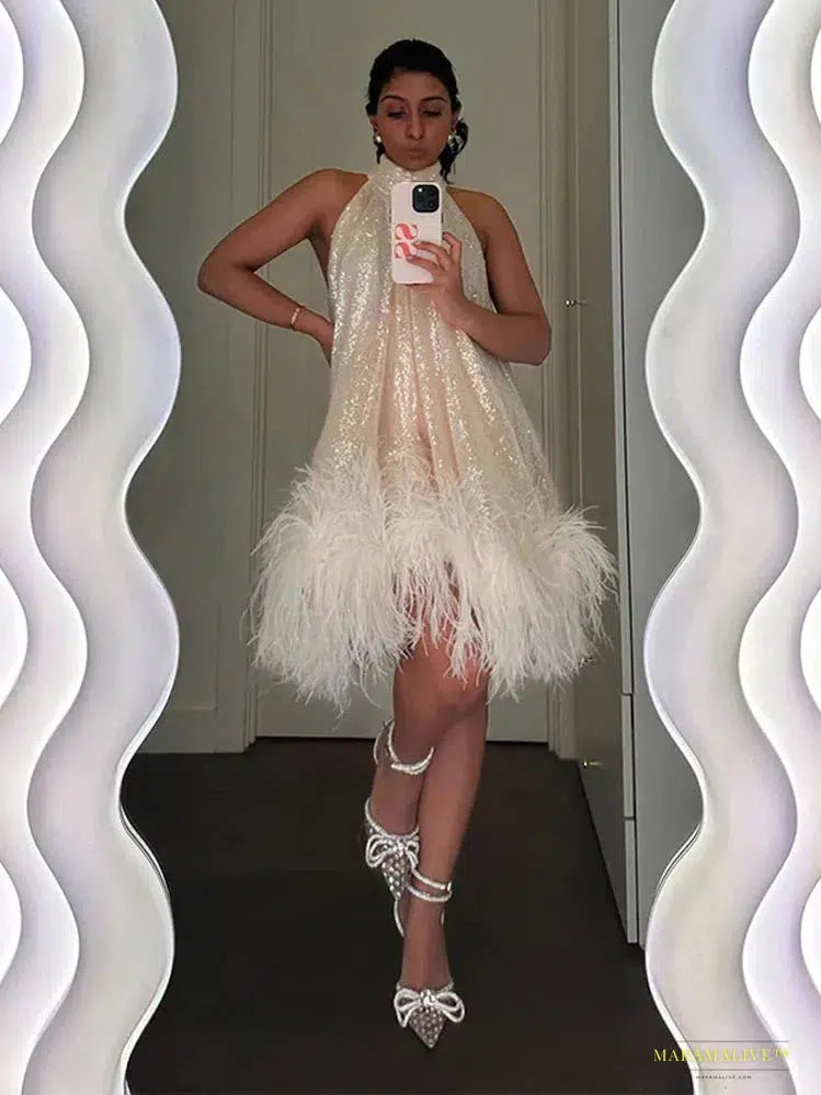 Elegant White Sequins Feather Hem Mini Dress Women Sexy Off Shoulder Loose Halter Dresses 2024 New Shiny Female Party Vestidos