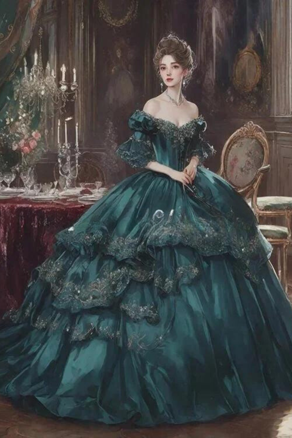 Elegant Fluffy Victorian Prom Party Dress For Women Emerald Strapless Diamante