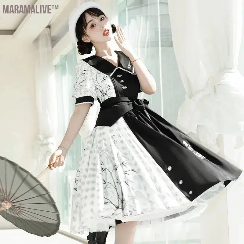 +Element Short Sleeve Op Dress Improved Daily Skirt Spring Black White Lolita