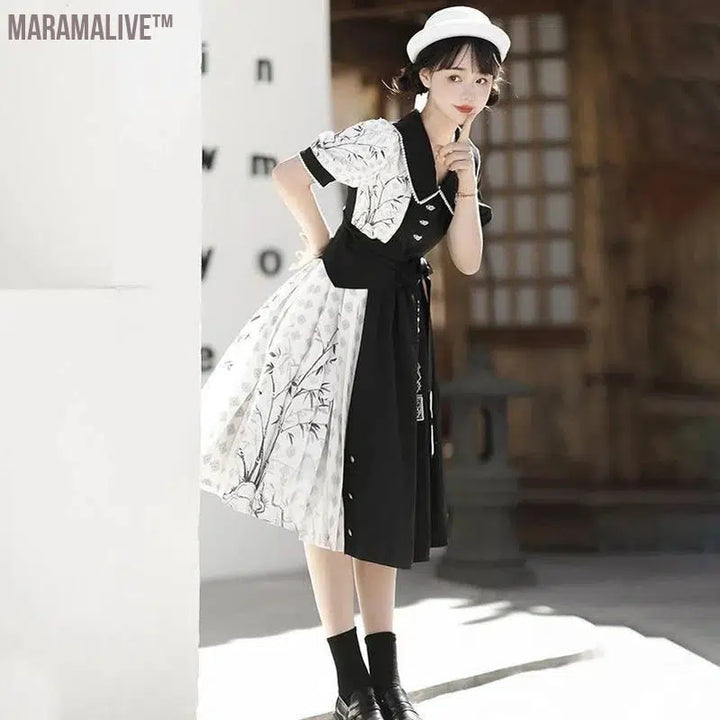 +Element Short Sleeve Op Dress Improved Daily Skirt Spring Black White Lolita