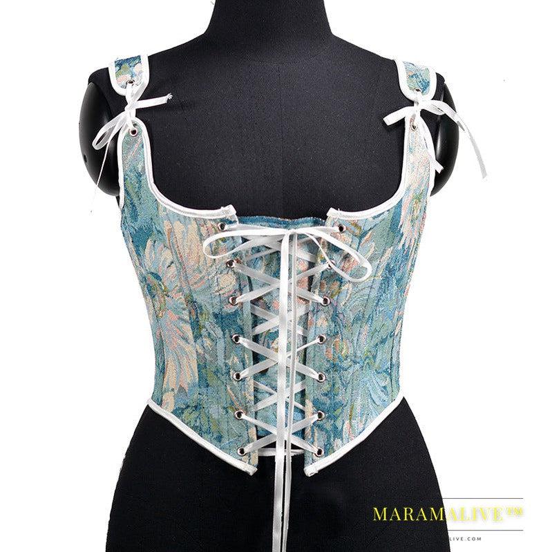 Embroidered Front Tie Straps Herringbone Corset Girdle