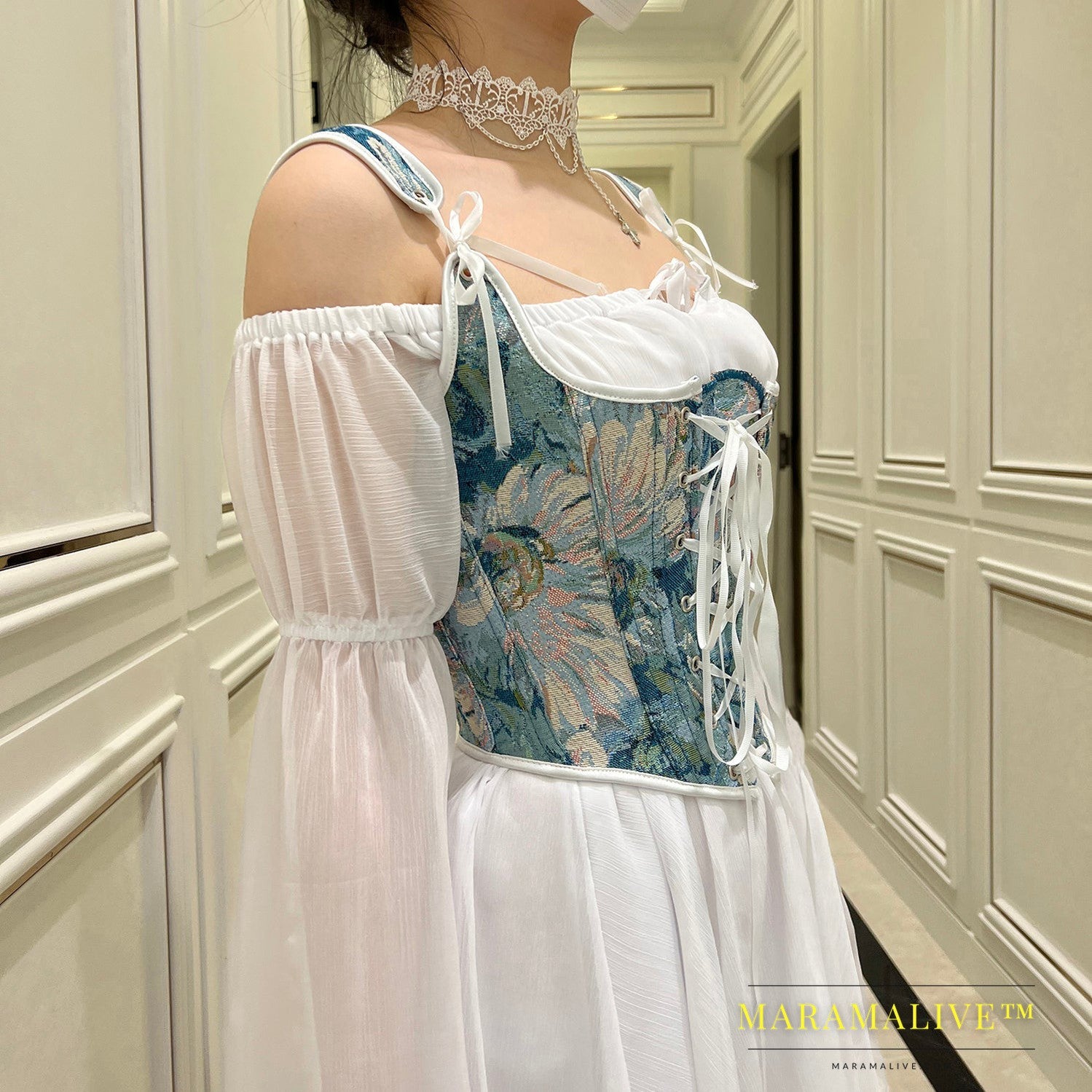 Embroidered Front Tie Straps Herringbone Corset Girdle