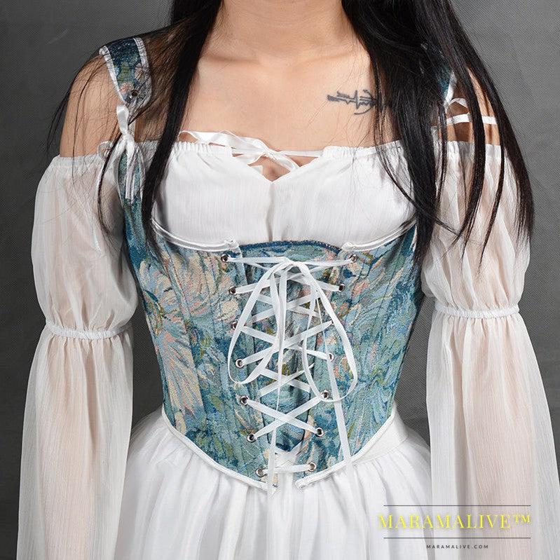 Embroidered Front Tie Straps Herringbone Corset Girdle