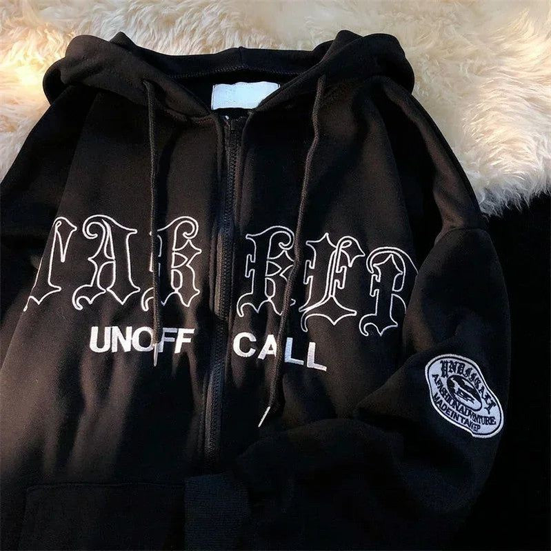 Embroidery Sweatshirt Women Oversized Zip-Up Hoodies Gothic Hip Hop Hooded Streetwear Female Hoodie Y2k Full Jacket