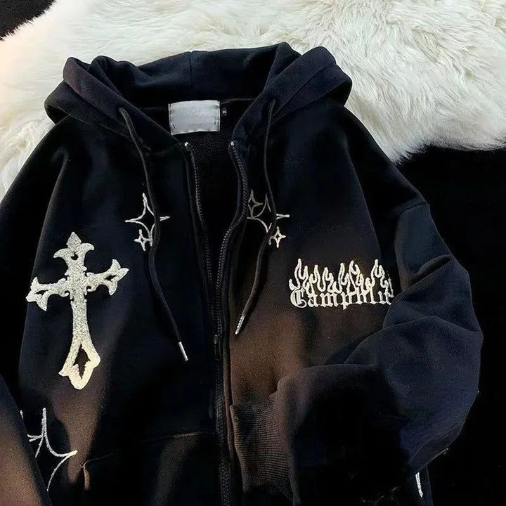 Embroidery Sweatshirt Women Oversized Zip-Up Hoodies Gothic Hip Hop Hooded Streetwear Female Hoodie Y2k Full Jacket