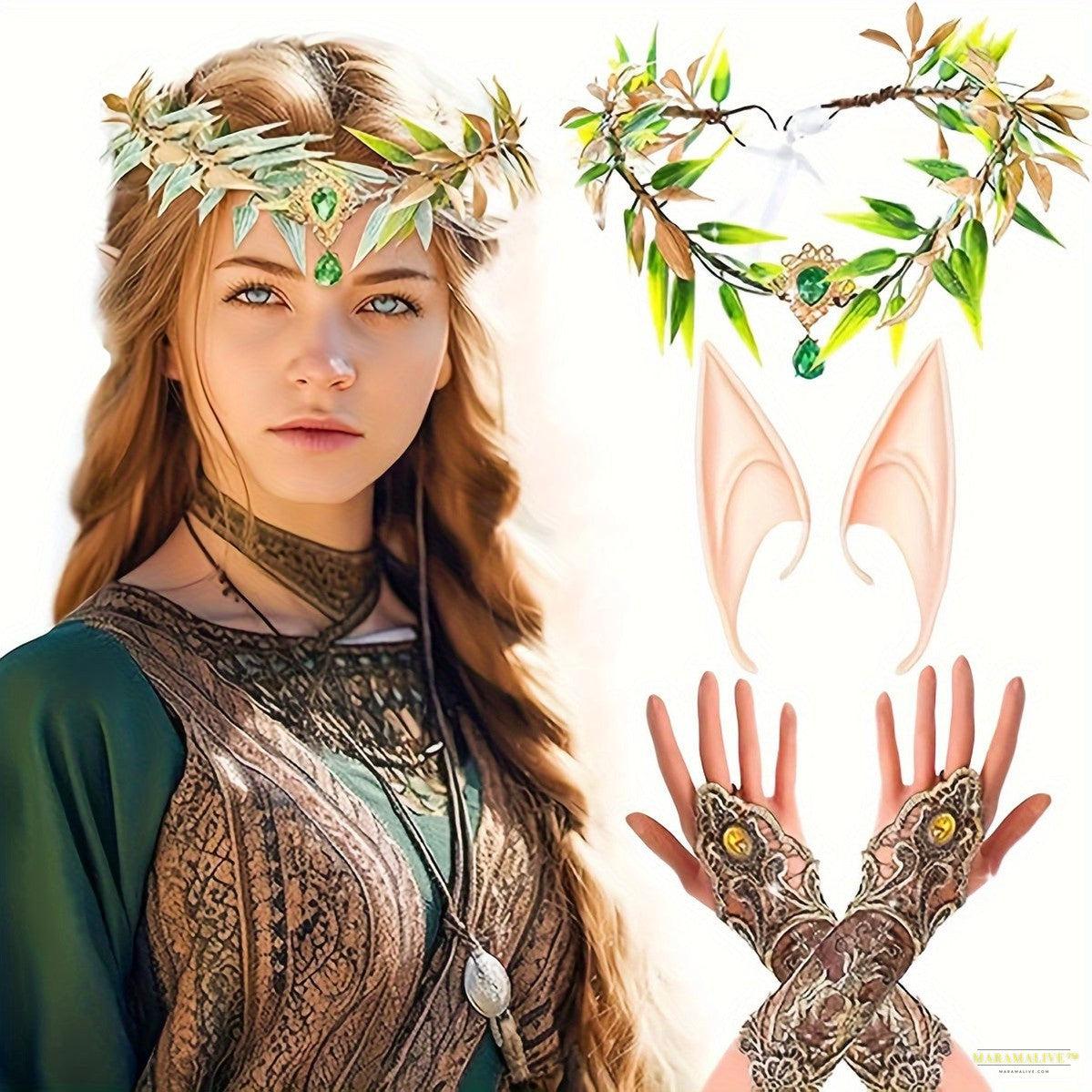 Enchanting 3pcs Pixie Costume Set - Elegant Fairy Queen Headband with Leaf Wreath & Elf Ears for Halloween Cosplay