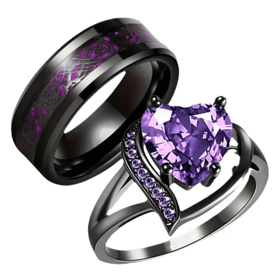 Enchanting Sweet Love Heart & Dragon Pattern Stainless Steel Couple Ring - Unisex Dark Jewelry