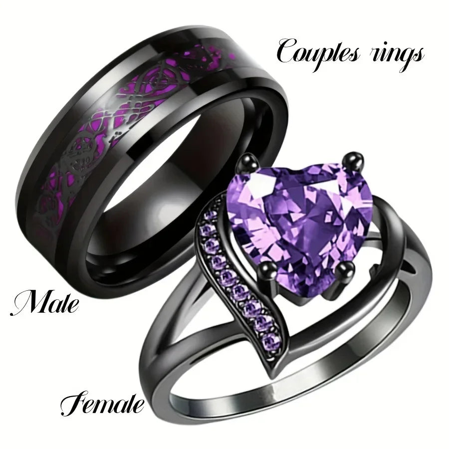 Enchanting Sweet Love Heart & Dragon Pattern Stainless Steel Couple Ring - Unisex Dark Jewelry