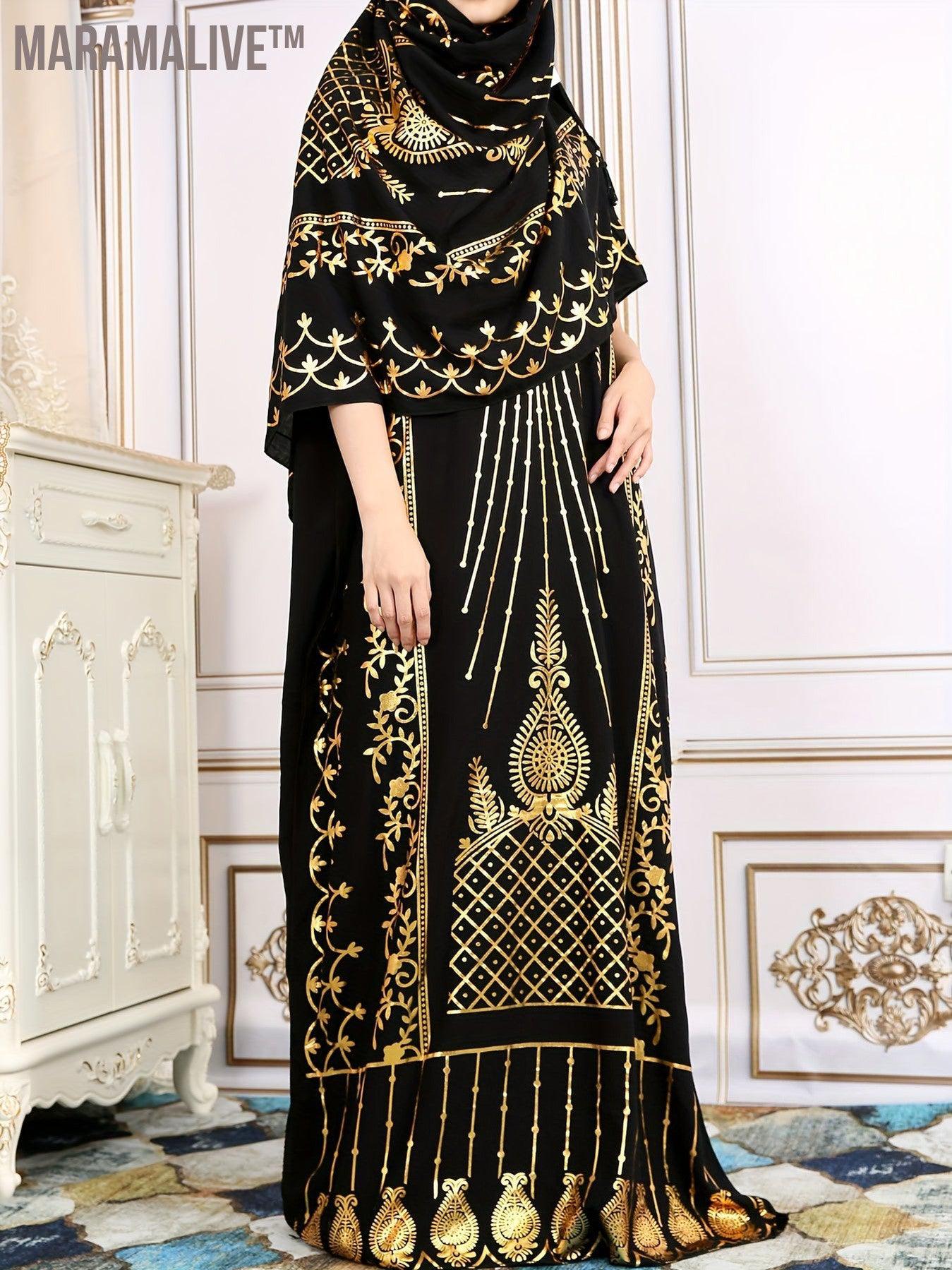 Ethnic Style Graphic Print Kaftan, Elegant Batwing Sleeve Maxi Dress, Women's Clothing