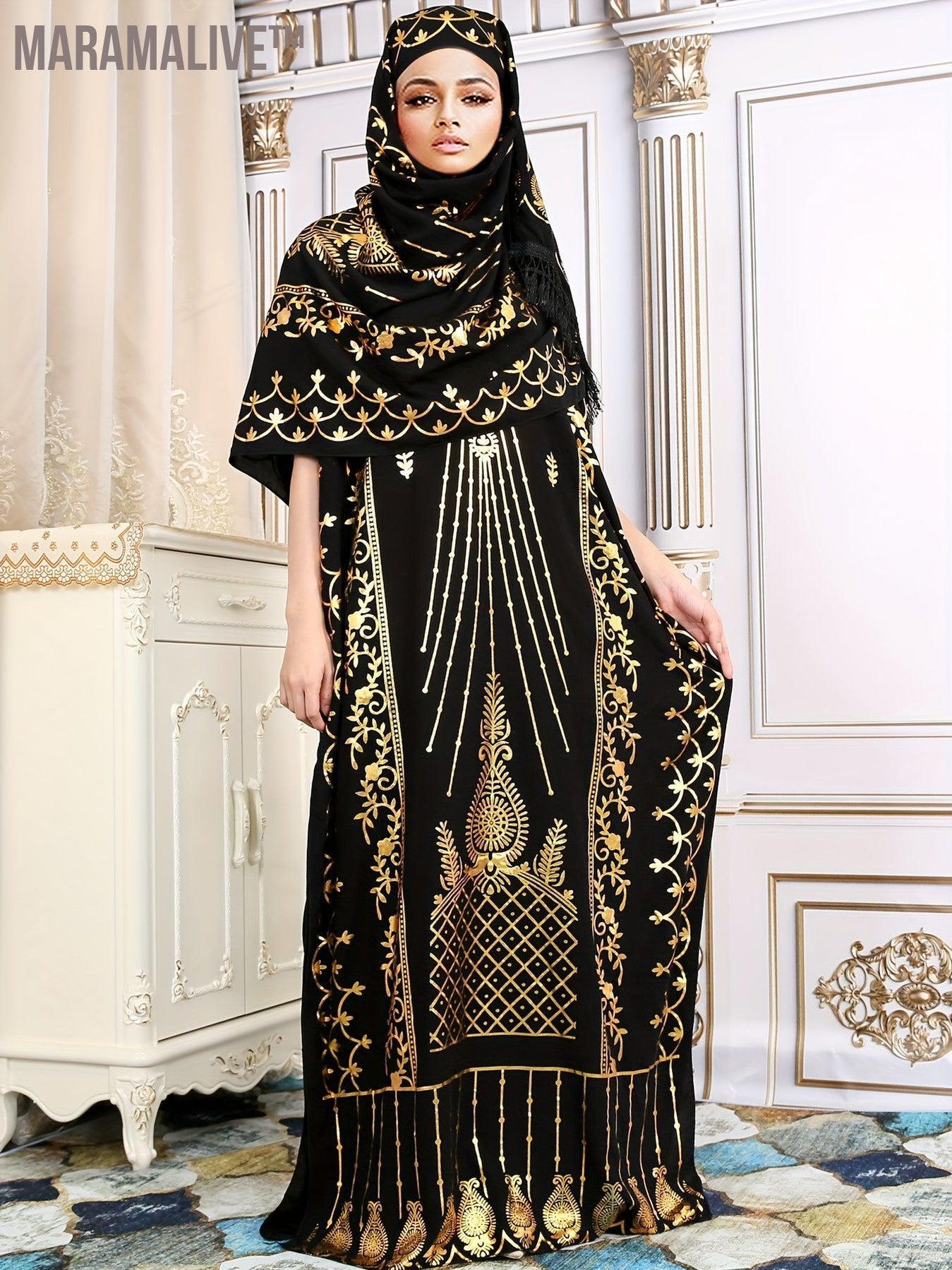 Ethnic Style Graphic Print Kaftan, Elegant Batwing Sleeve Maxi Dress, Women's Clothing