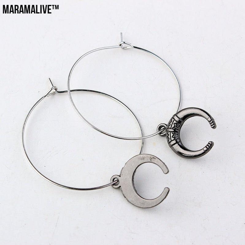 European And American Gothic Moon Hoop Punk Exaggerated Black Horns Pagan Earrings