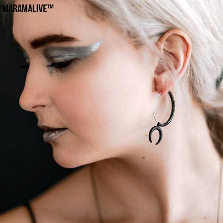 European And American Gothic Moon Hoop Punk Exaggerated Black Horns Pagan Earrings