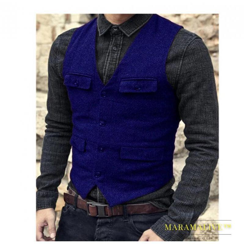 European And American Men's Vest Casual Solid Color Herringbone Vest