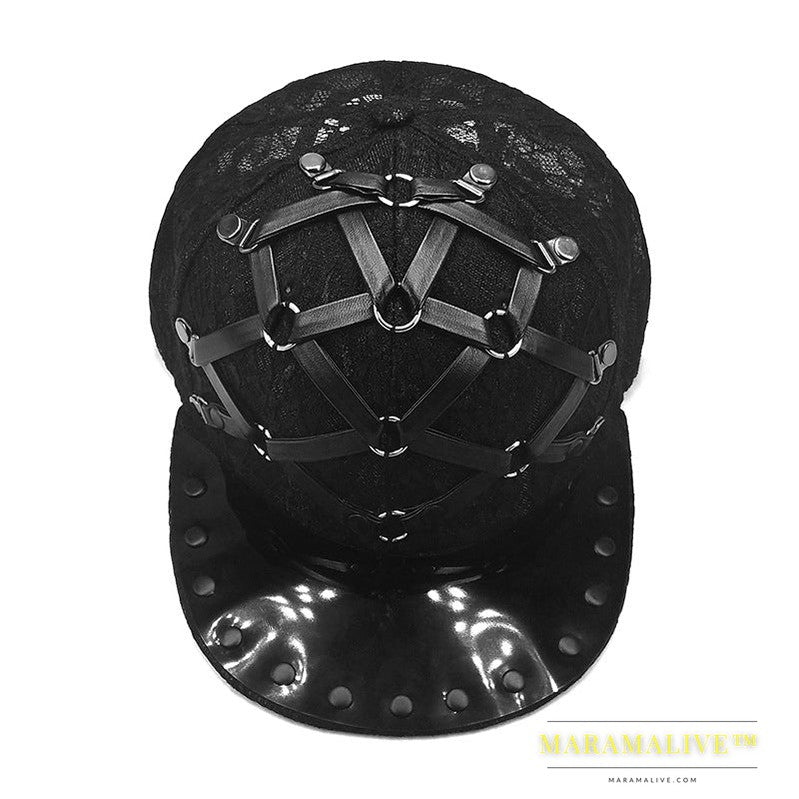 European And American Punk T-shaped Leather X Leather Hip Hop Flat-brimmed Cap Men And Women