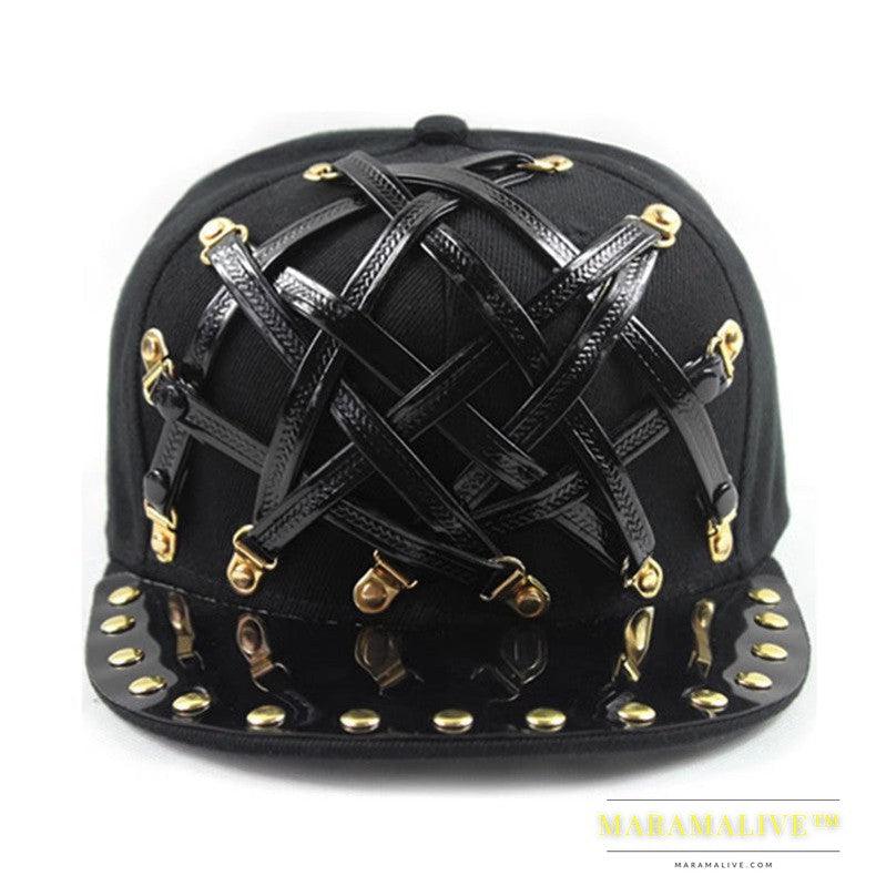 European And American Punk T-shaped Leather X Leather Hip Hop Flat-brimmed Cap Men And Women